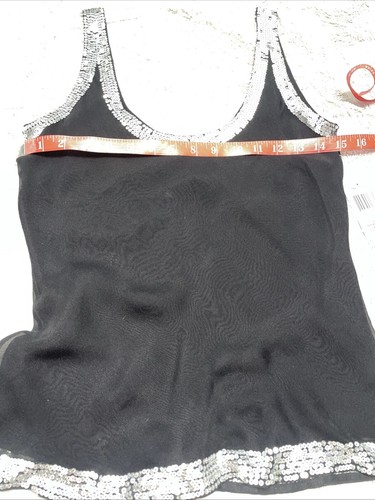 Top Aqua Talla Pequeña Sin Mangas 100% Seda Negro/Plateado Lentejuelas Ribete Nuevo con Etiquetas - Imagen 12 de 18