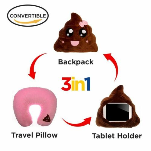 Oreiller de voyage emoji caca 3 en 1, sac à dos, porte-tablette, convertible  - Photo 1 sur 6