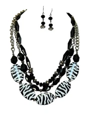 Three Layers Zebra and Black lucite Bead Silver Tone Link Necklace earring Set