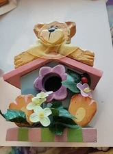 Bear Bird House With Ivy Leaves, Flowers, and Ladybug Decoration