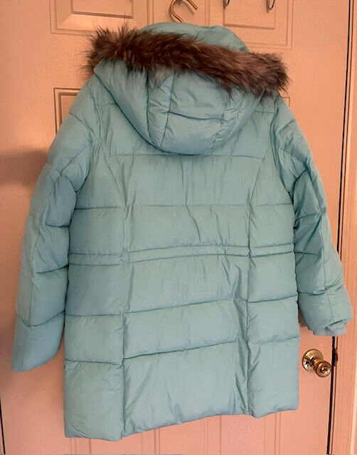 New TALBOTS Sz L Down Alternative Puffer Hooded Coat w/ Faux Fur Mint