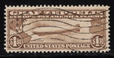 US Airmail Stamp Scott # C14 Brown $1.30 Zeppelin - Used - PF Cert