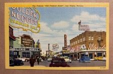 Famous "Old Fremont St." Las Vegas 1940's Curteich Linen Postcard Golden Nugget