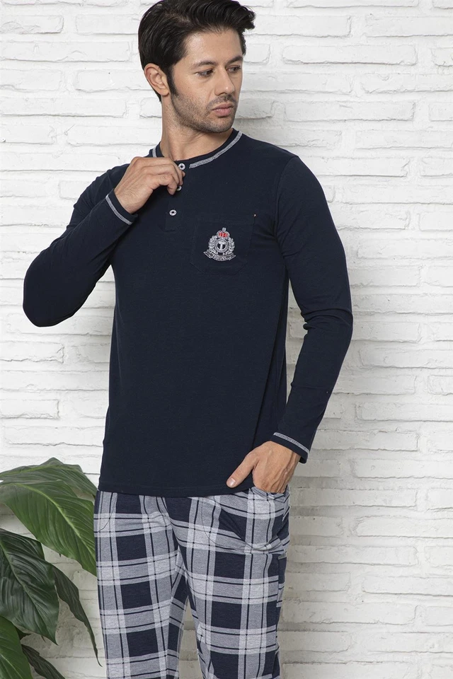 Mens Pyjamas Long Sleeve Cotton Check Sleepwear House Suit Nightwear M-5XL - Image 4 of 4