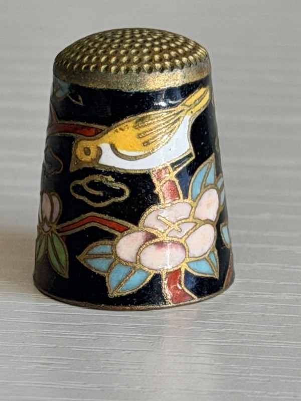 Vintage Cloisonné Enamel Brass Thimble Bird Floral Asian Collectible Sewing