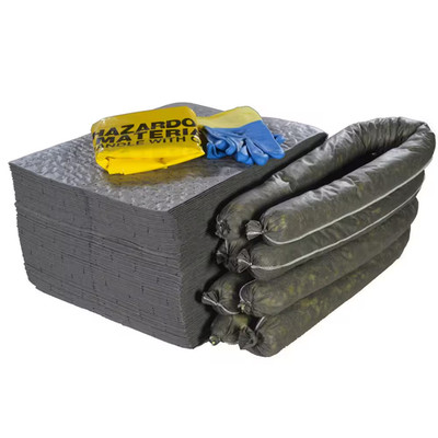 Universal Spill Kit Essentials: 100 Heavy Duty Pads, 4 - 4' Spill Socks, Hazardo