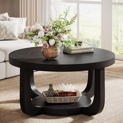 2-Tier Round Coffee Table, Wooden Circle Accent Center Tea Table for Living Room