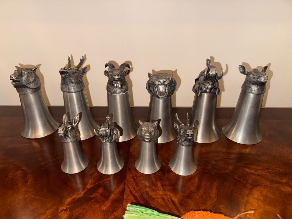 Vintage Pewter, Rare set of 10 Animal  Stirrup Cup Hunting / Equestrian  Barware