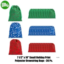 7 1/2" x 10" Small Holiday Print Polyester Drawstring Bags - 36 Pc.