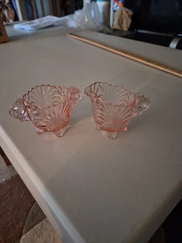 Pink Depression glass sugar bowl and matching creamer