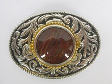 Vintage Brass Belt Buckle Brown Stone and Filigree Flowers Made In USA 4" x 2.6"