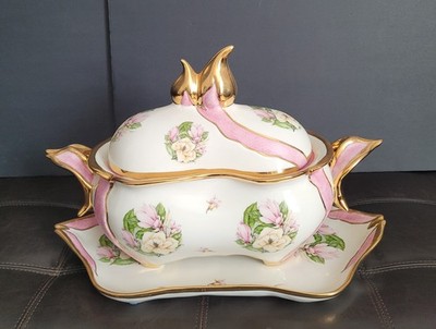 Vintage J&C Jaeger Porcelain Tureen Covered Serving Dish w/ Tray Pink Gold Flora