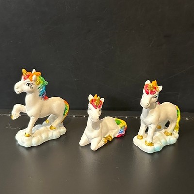 Vintage Rainbow Unicorn Figurines Set of 3 Resin Miniature Gold Horn Decor