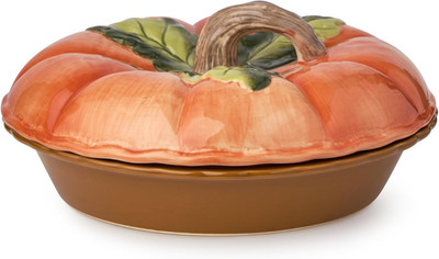 Harvest Fields 3D Pumpkin Covered Pie Carrier   10.5  Ceramic Pie Dish with Lid 