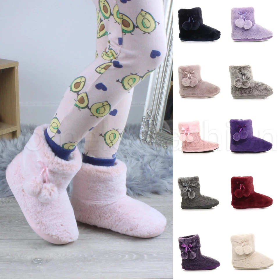 AJVANI DAMEN KUSCHELIG BOMMEL WEICH FELL GEFÜTTERT STRICK STIEFELETTEN SLIPPER GRÖSSE