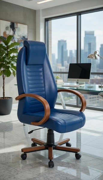 BüRosessel Blau Mit Holzarmlehnen Und Drehfunktion-image