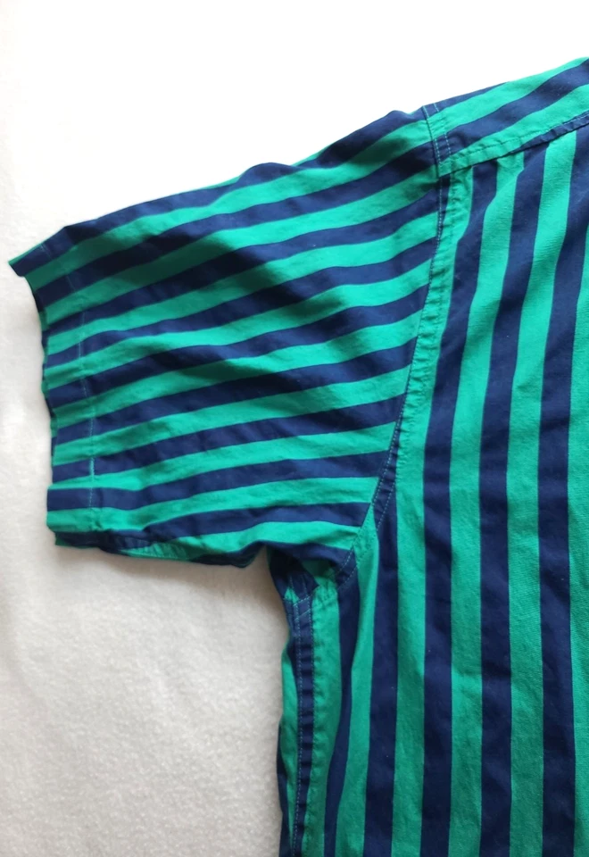 VTG 1980 Sasson Green Black Striped Short Sleeve Button Up Shirt Sz L - Image 2 of 4