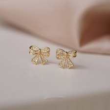 14k Gold Plated 925 Silver Dainty Bowknot Stud Earrings, Hollow-out Bowknot Earr