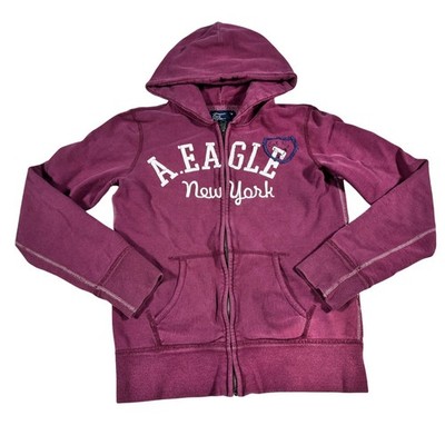 American Eagle Outfitters Burgundy Zip Up Hoodie Graphic New York Small