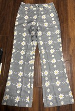 Hippie Bell Bottom White Daisy Print Gray Pants Size Medium M Polyester