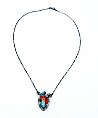Navajo Handmade Multi-Stone Inlay Necklace in Sterling Silver by