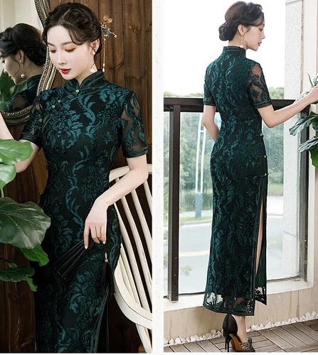 Lujoso Vestido Largo Chino Verde Esmeralda Encaje Cheongsam Qipao*/ - Imagen 5 de 5
