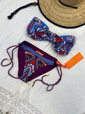 Hale Bob 2 PC Blue Print Bikini Swimsuit Set S Top & XS Bottom 3ALN9145 3ALN9146