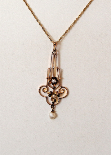 Antique 10K Yellow Gold Ladies Diamond & Pearl Lavalier Pendant (pspt6) - 第 1/5 張圖片