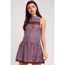Lulus Belrose Burgundy and Lavender Lace Mini Dress, Size XS