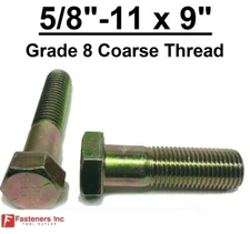 5/8-11 x 9" Hex Bolt Yellow Zinc Plated Grade 8 Cap Screw Coarse Thread