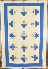 Vintage 30's Birds  Urns Antique Applique Quilt NICE BLUE  STIPPLE QUILTING 