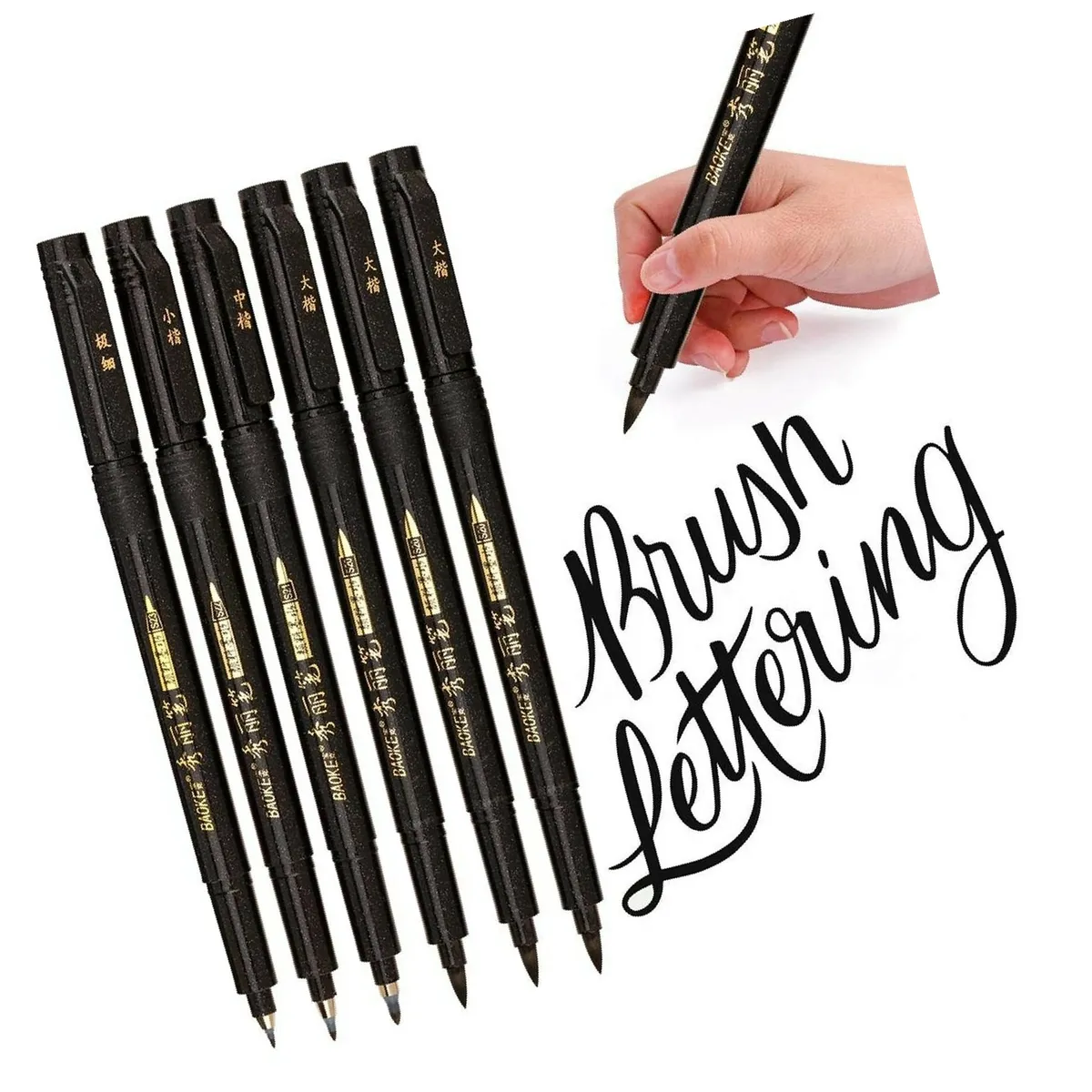 Misulove Hand Lettering Pens, Calligraphy Pens, Brush Markers Set, Soft and Hard Tip, Black Ink Refillable - 4 Size(6 Pack) for Beginners Writing, Art