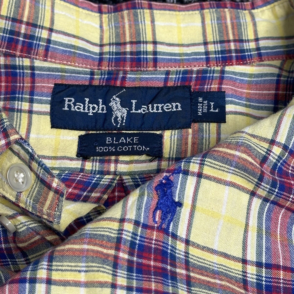 Polo Ralph Lauren Shirt Mens L Button Up Yellow Blue Red Plaid Blake Vintage 90s