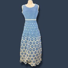 Maxi Vestido De Colección Crochet Talla S/M Años 70 Abuela Panal Afgano Manta Vestido Azul