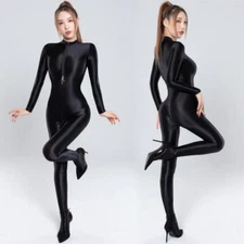 Women's Shiny Wet Look Catsuit Satin Glossy Bodysuit Zipper Open Crotch Jumpsuit