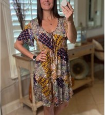 Boho Patchwork Floral V Neck Tie Keyhole Babydoll Chic Dress Festival Navy Blue
