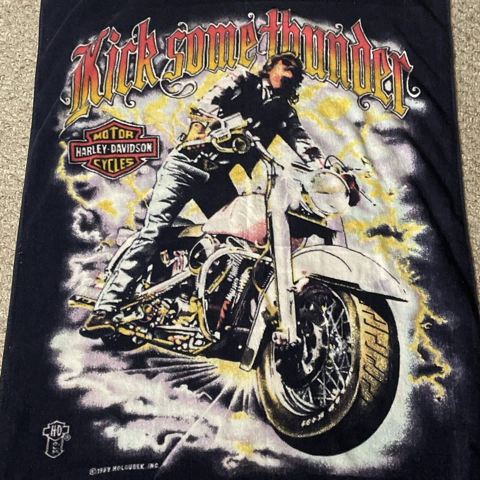 Vintage 1980s Harley Davidson Kick Some Thunder Beach Towel Motorcycle - Image 2 of 4