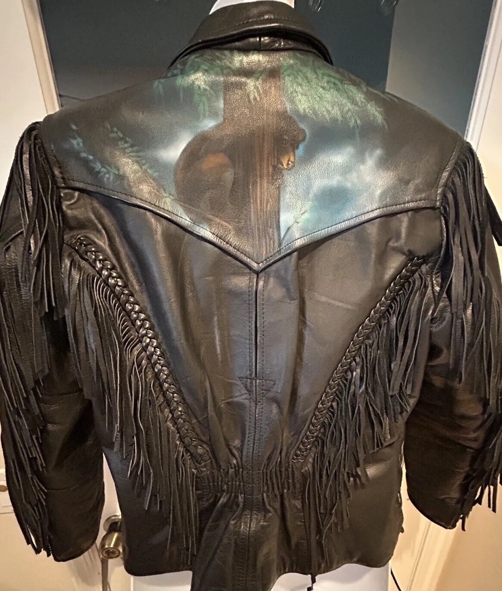 Vintage SHAF Black Leather Motorcycle Jacket - Size L Zipper