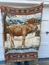 Vintage Moose Mountain Cotton Reversible Throw Blanket Tapestry Wall Art Decor