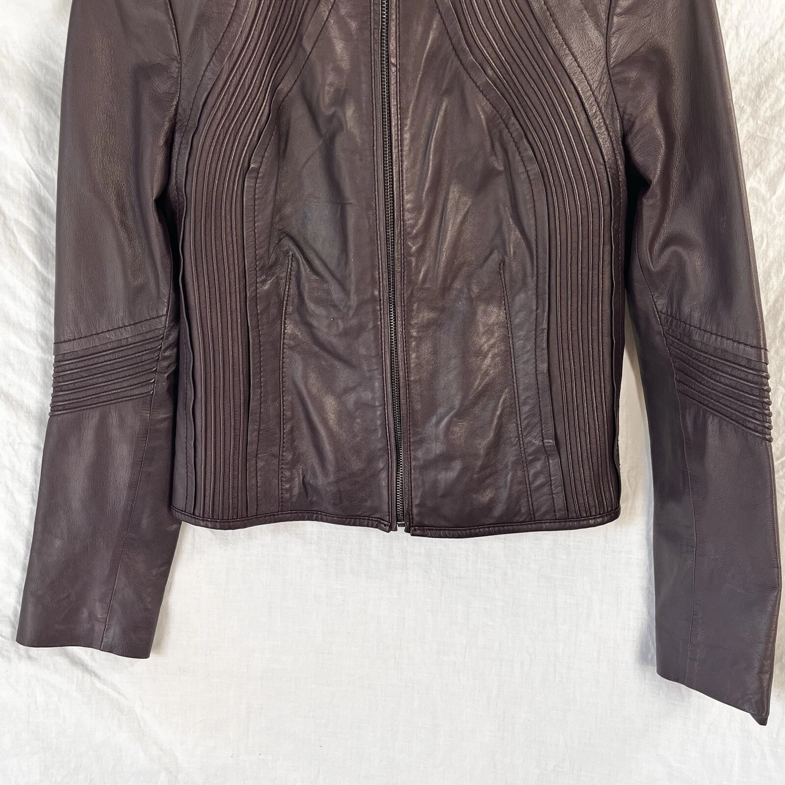 Giacca di pelle Tory Burch donna taglia 6 sangue di bue bordeaux zip cropped cappotto moto