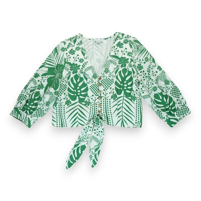 Maison d'Amelie Paris Tropical Print Linen Front Tie Blouse Cover Up Green L