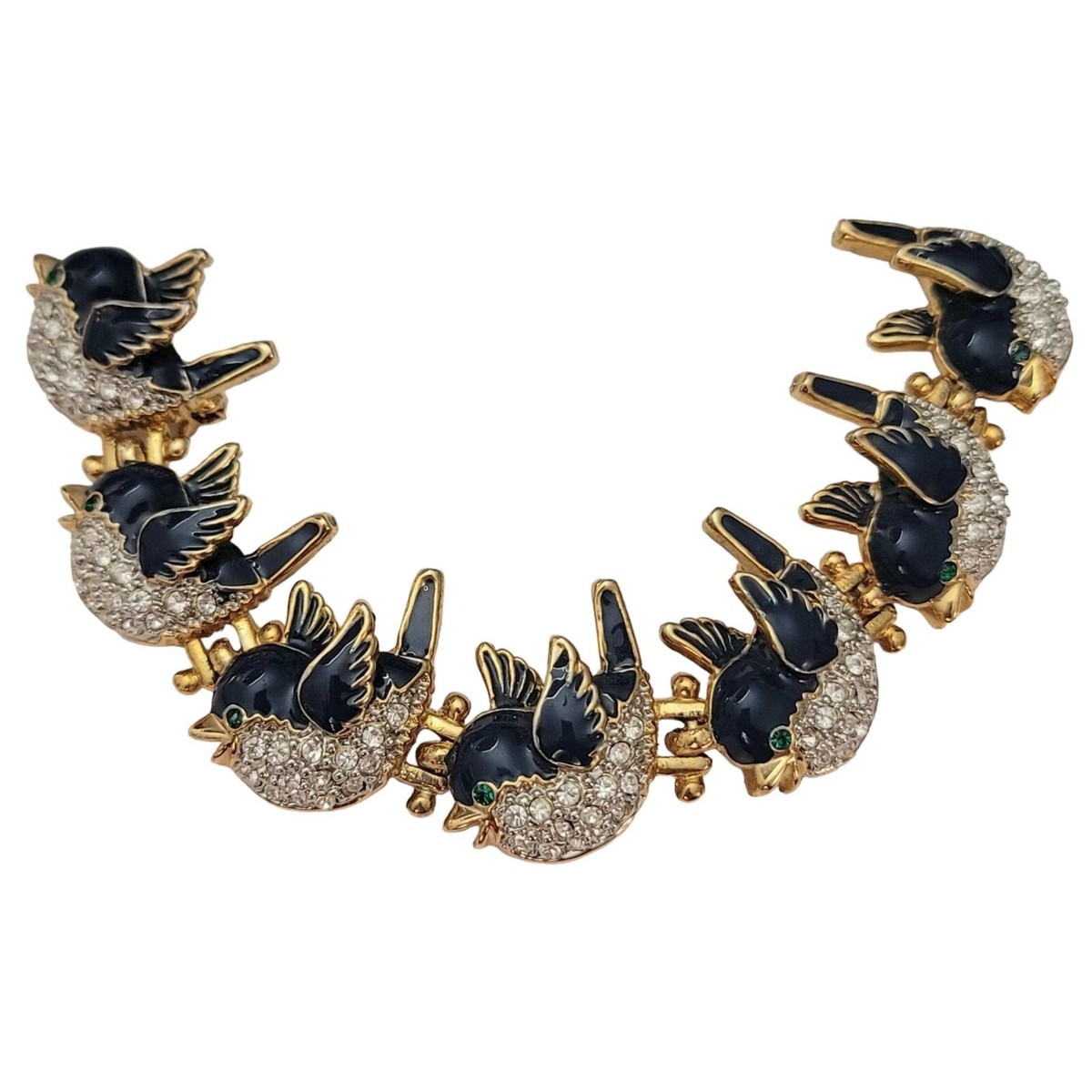 Gold Tone Blue Enamel Clear Rhinestone Blue Bird Links Shoulder