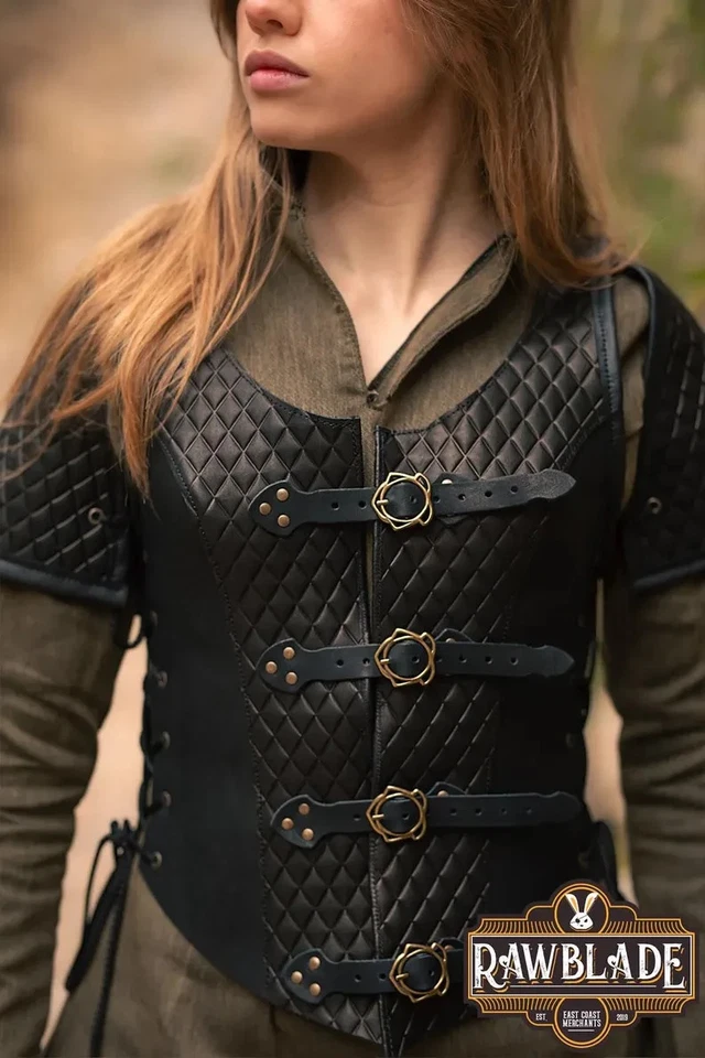 Chaleco Armadura Mujer en Negro para Cosplay, LARP y Disfraces de Fantasía, Cuero Jerkin Foto 2 de 4