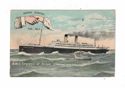 Vintage Postcard 1908 - Hands across the Sea. R.M.S. ''Empress of Britain''