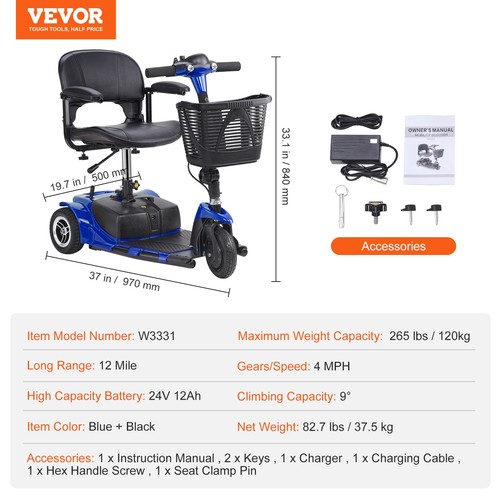 VEVOR 3-Wheel Folding Mobility Scooter for Seniors 12 Mile Range 265LBS Capacity - Picture 7 of 12