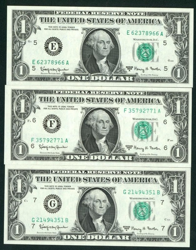 ((3 NOTES)) $1 1963 ((CHOICE CU)) Federal Reserve Note ** PAPER CURRENCY