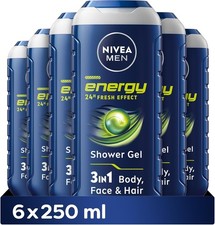 NIVEA Men Energy Shower Gel 3-in-1 Pack of 6 x 250ml with Mint Extract 7.68 per litre