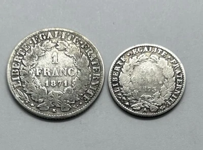 LOT 2 MONNAIES FRANÇAISES - 1 FRANC 1871 K - 50 CENTIMES 1873 A CÉRÈS - ARGENT ! - Photo 1/2