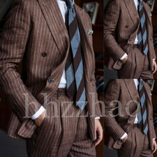 Brown Striped Retro Men's Suits Peak Lapel Double Breasted Wedding Groom Tuxedo