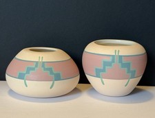 2 Small Native American Style 1996 Vases Pink Blue Turquoise Initialed